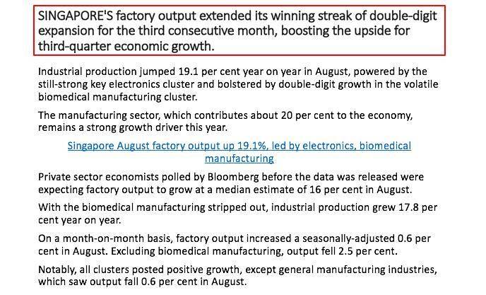 WOW ! 连续三个月取得双位数增长新加坡制造业产值8月同比增19.1％