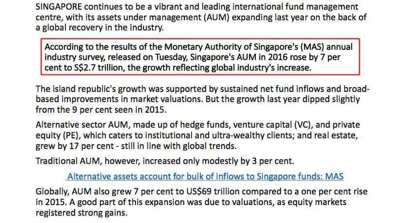 好消息！新加坡金融管理局发布去年新加坡资产管理规模增长7％