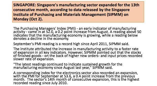 好消息！新加坡制造业连续13个月处于扩张！